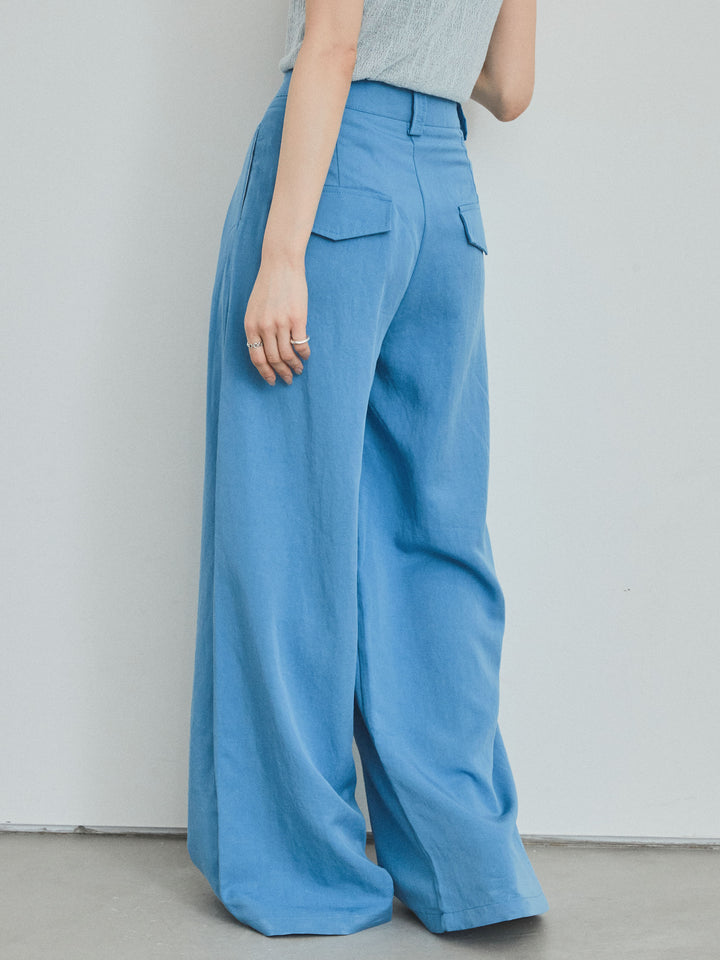 【預訂】亞麻觸感褶邊闊腿褲/藍色