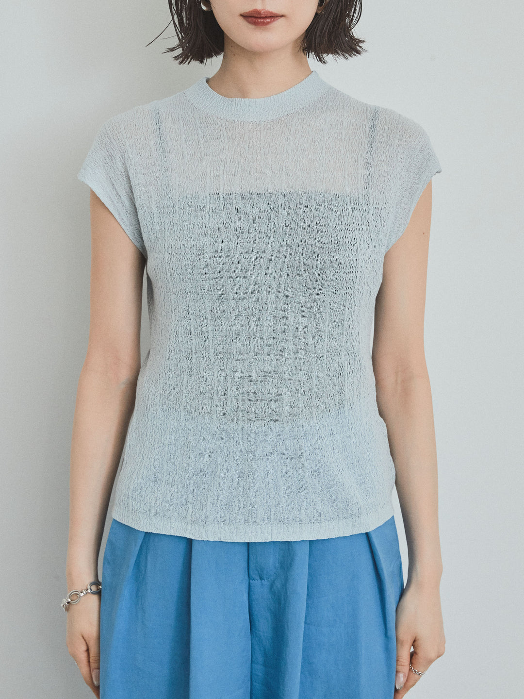 [予約]フレンチスリーブシアーニットトップス/ライトブルー