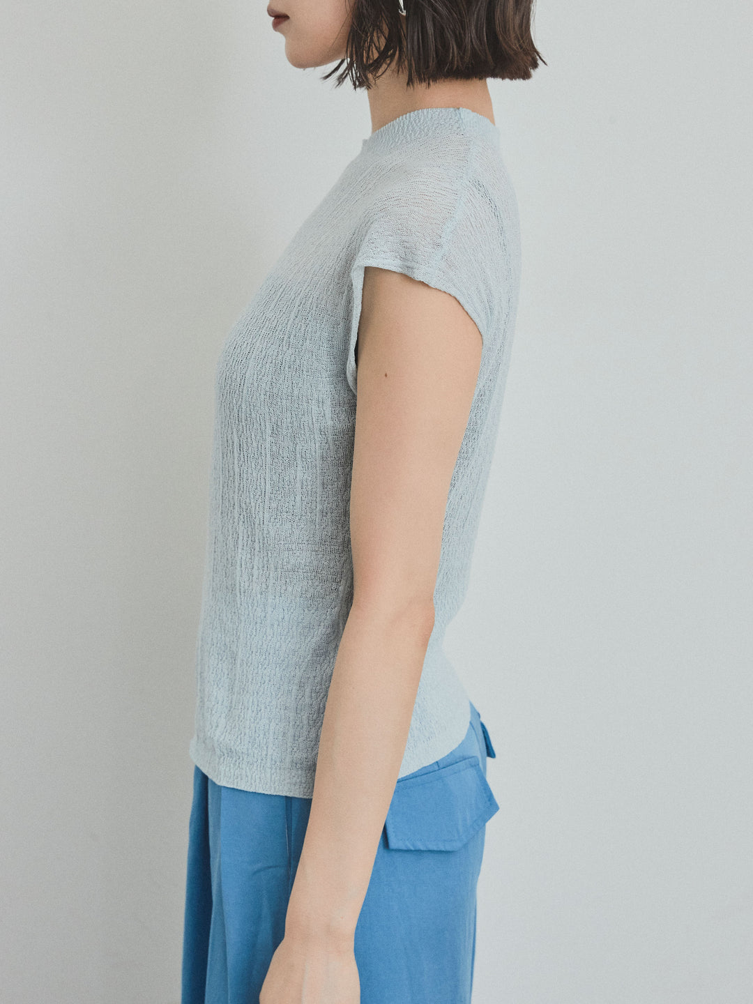 [予約]フレンチスリーブシアーニットトップス/ライトブルー