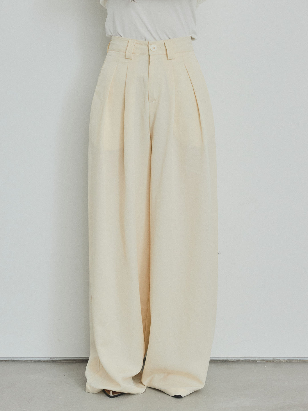 【預購】亞麻觸感褶皺寬褲/黃色