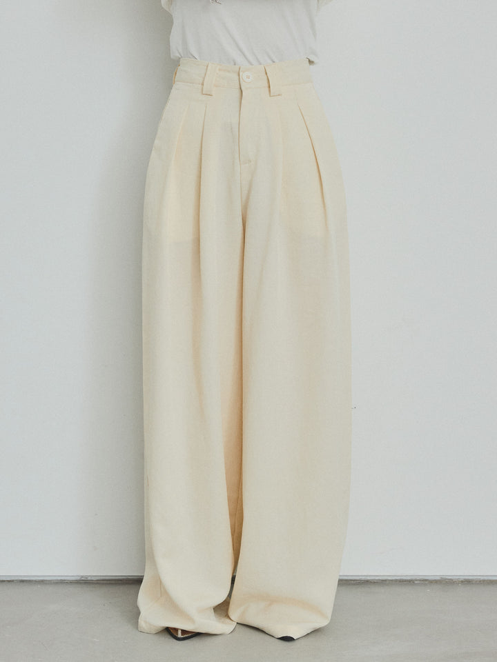 【預購】亞麻觸感褶皺寬褲/黃色