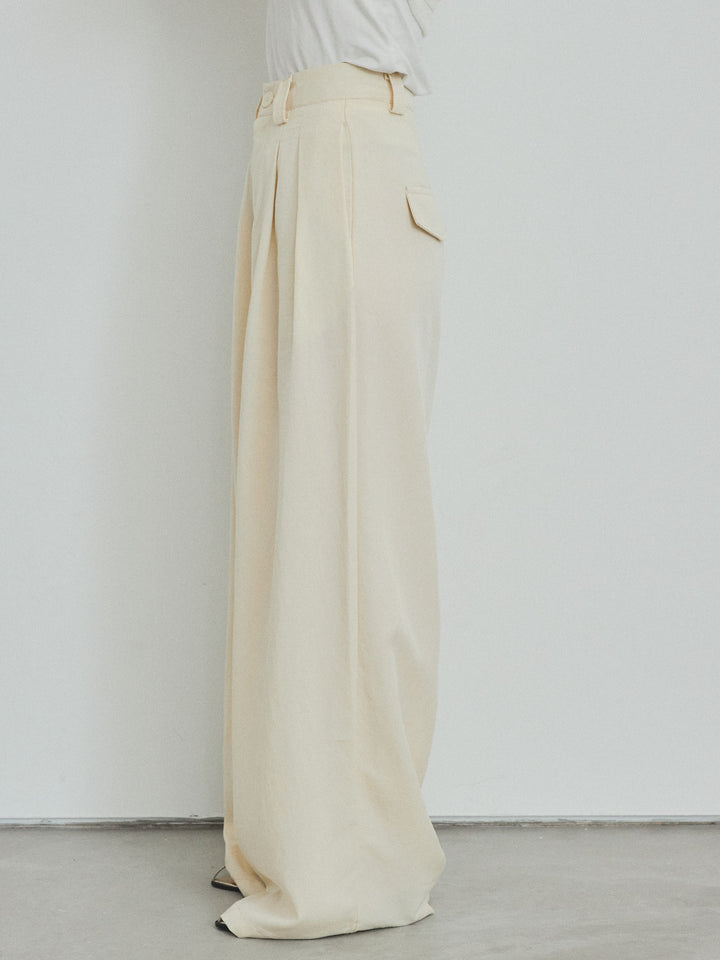 【預購】亞麻觸感褶皺寬褲/黃色