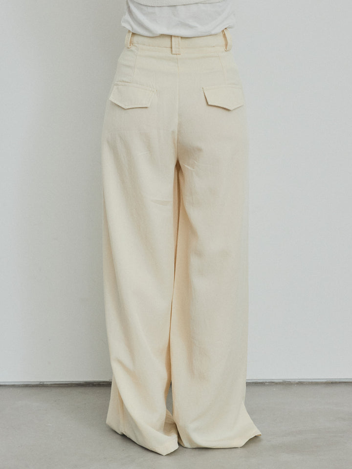 【預購】亞麻觸感褶皺寬褲/黃色