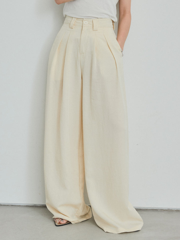 【預購】亞麻觸感褶皺寬褲/黃色