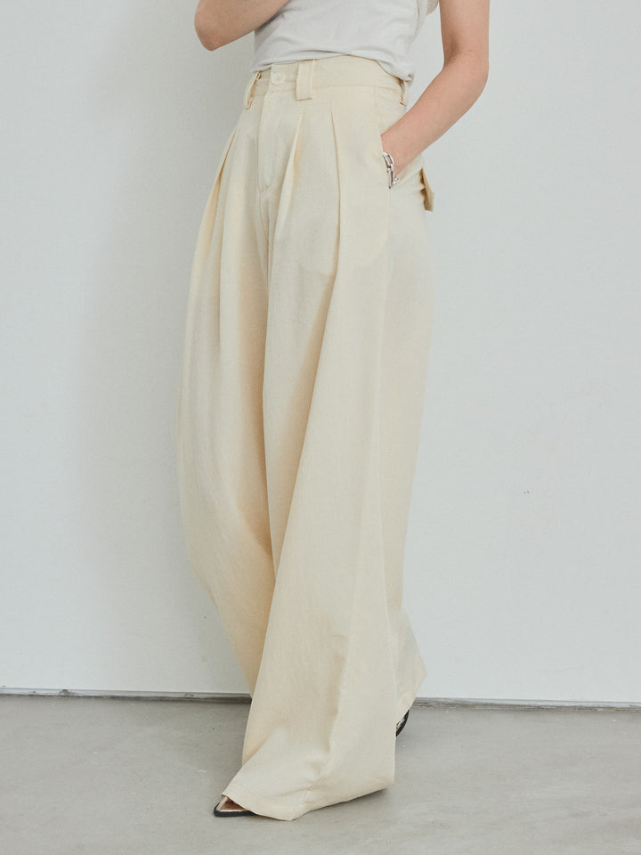 【預購】亞麻觸感褶皺寬褲/黃色