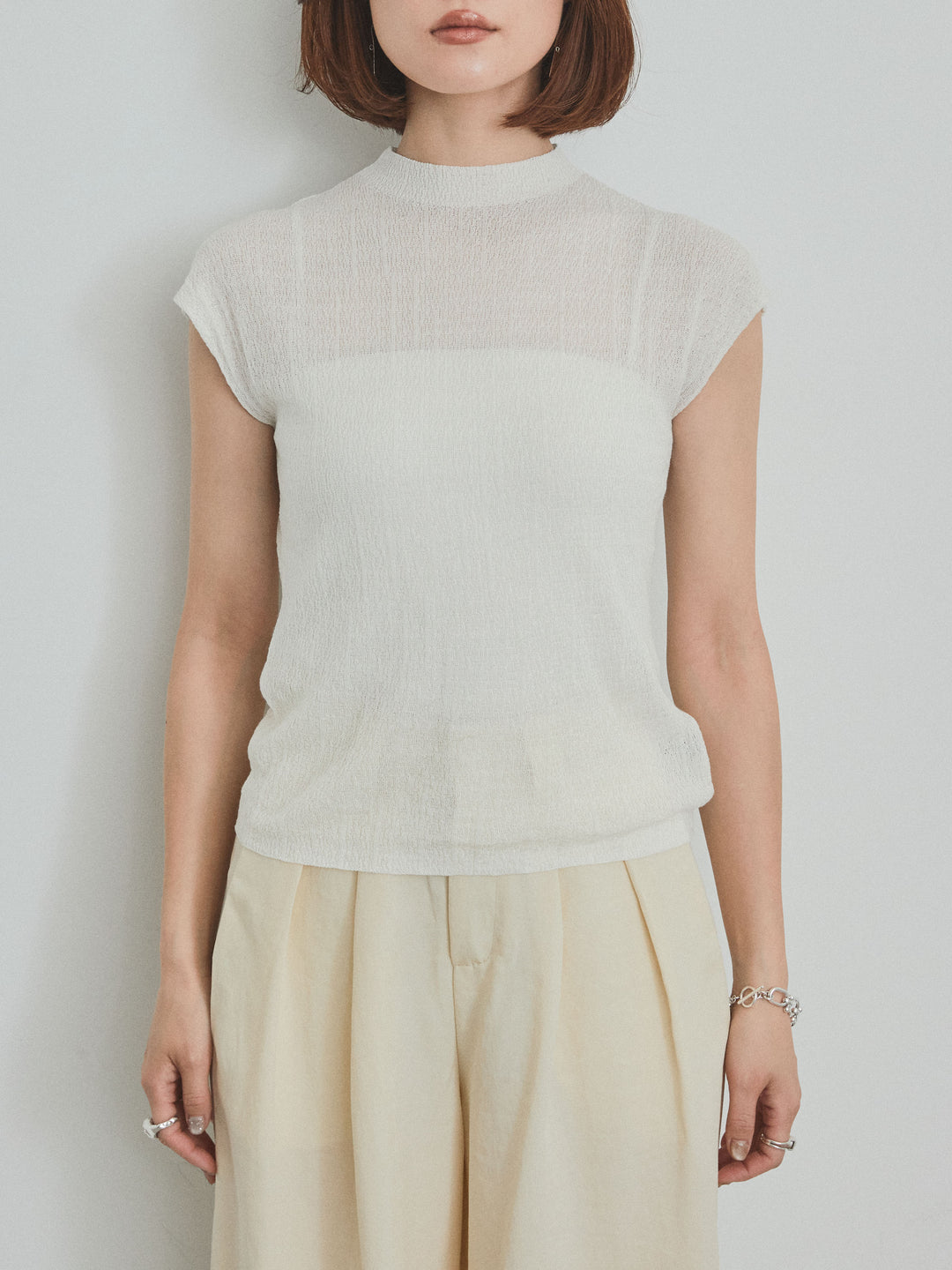 [予約]フレンチスリーブシアーニットトップス/ホワイト