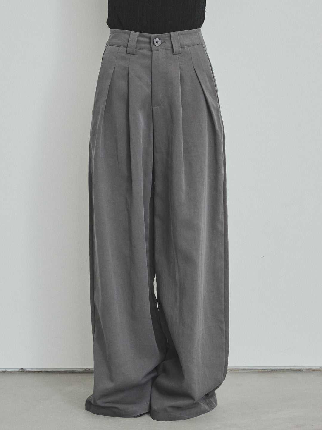 【預購】亞麻觸感褶皺寬褲/炭灰色