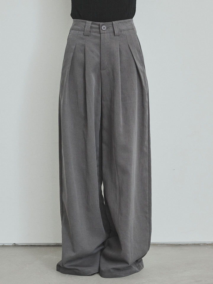 【預購】亞麻觸感褶皺寬褲/炭灰色