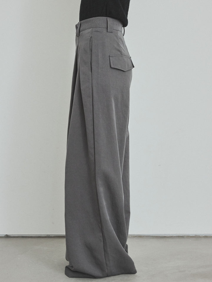 【預購】亞麻觸感褶皺寬褲/炭灰色