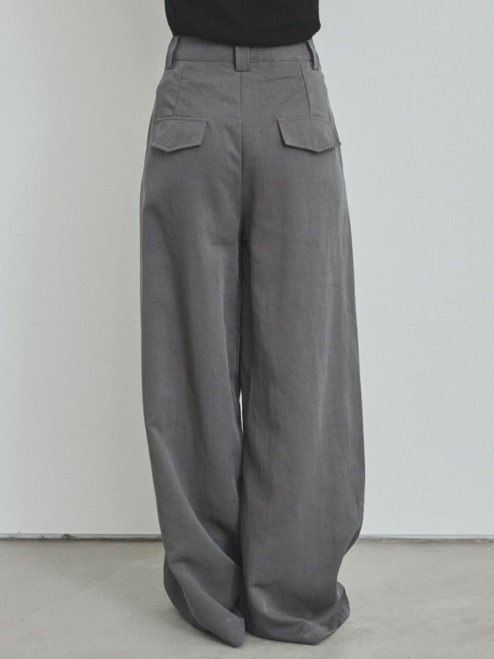 【預購】亞麻觸感褶皺寬褲/炭灰色