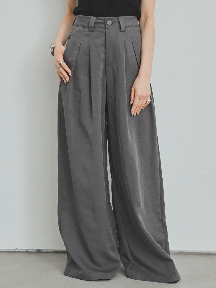 【預購】亞麻觸感褶皺寬褲/炭灰色