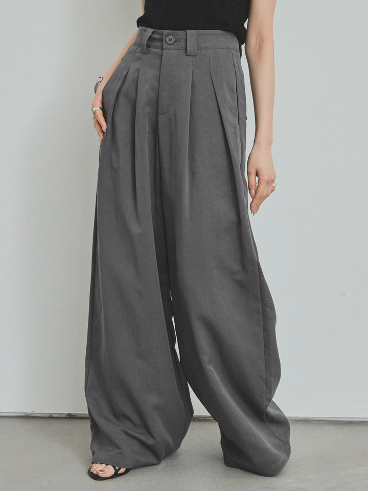 【預購】亞麻觸感褶皺寬褲/炭灰色