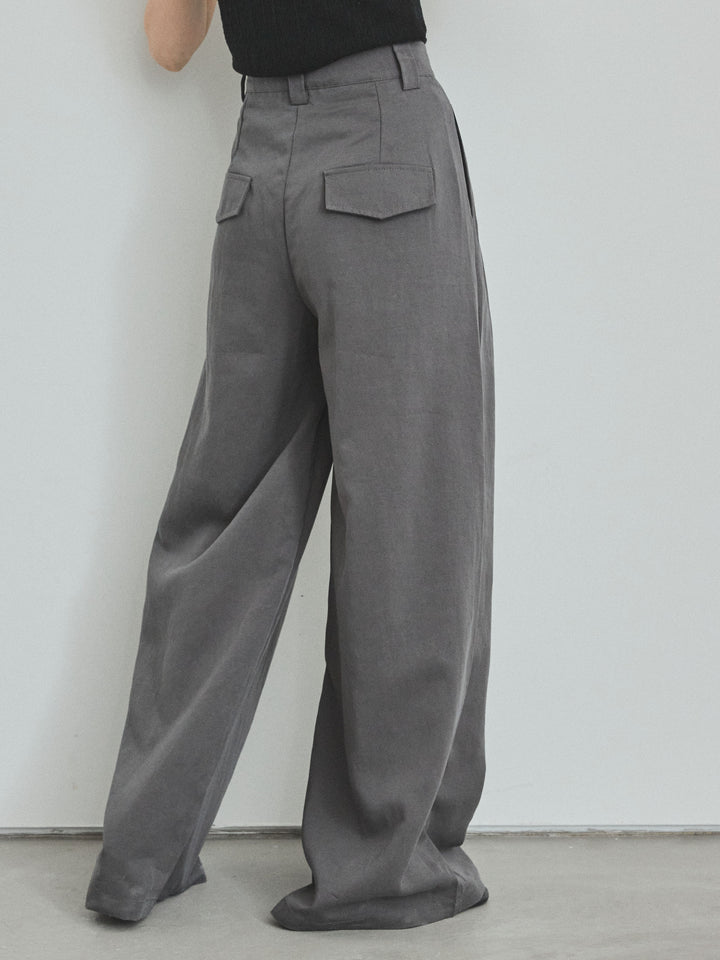 【預購】亞麻觸感褶皺寬褲/炭灰色