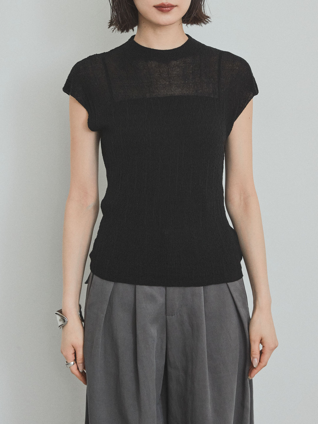 [予約]フレンチスリーブシアーニットトップス/ブラック