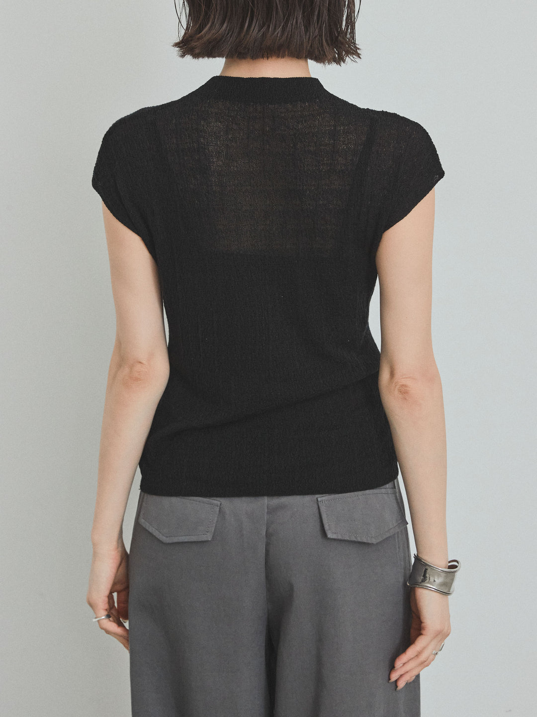 [予約]フレンチスリーブシアーニットトップス/ブラック