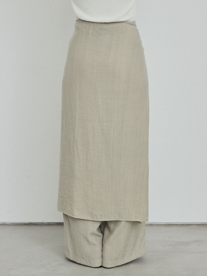 [予約]ワッシャーサテンレイヤードスカートパンツ/カーキベージュ