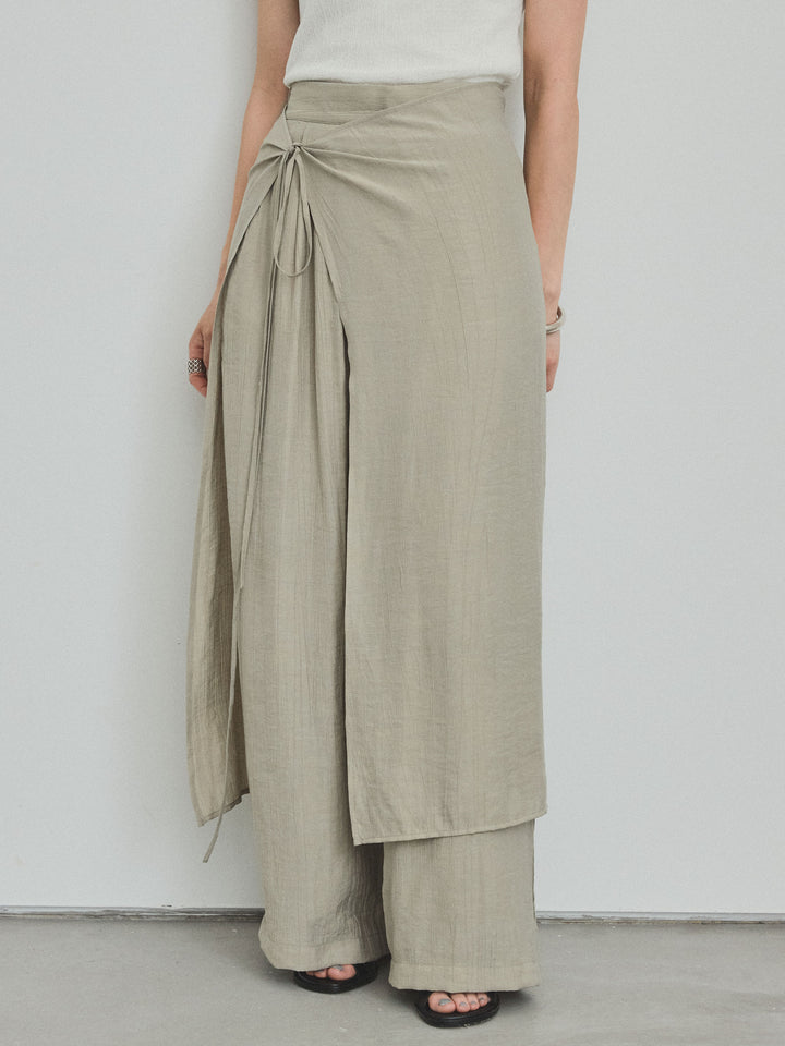 [予約]ワッシャーサテンレイヤードスカートパンツ/カーキベージュ