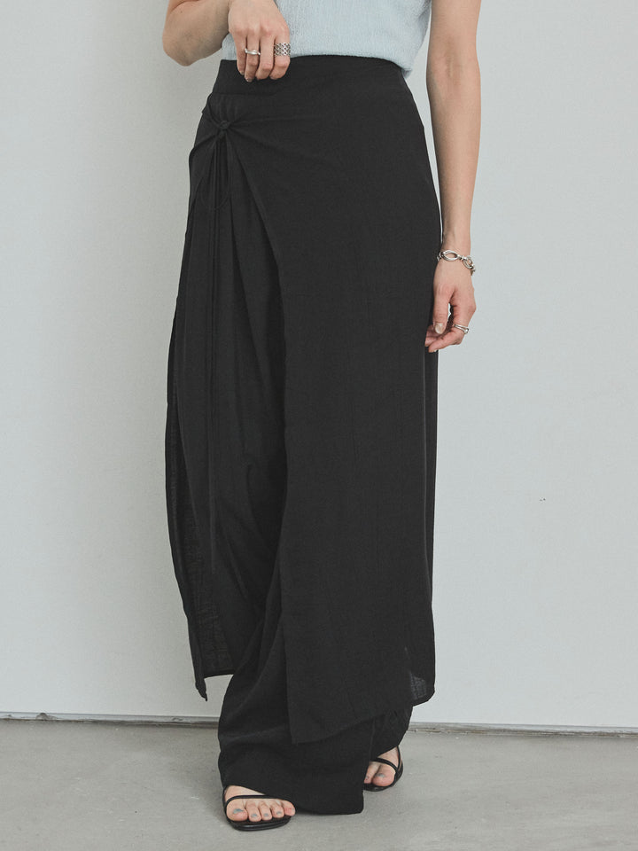 [予約]ワッシャーサテンレイヤードスカートパンツ/ブラック