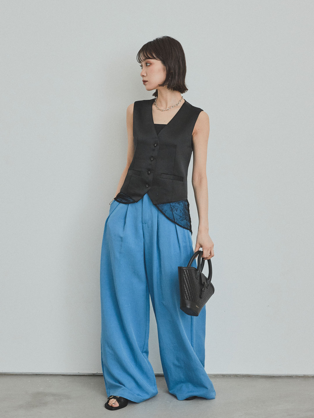 [SET]サテン×レース切替ベスト+リネンタッチタックワイドパンツ (2set)