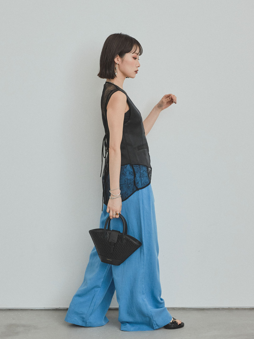 [SET]サテン×レース切替ベスト+リネンタッチタックワイドパンツ (2set)