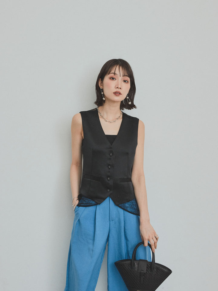 [SET]サテン×レース切替ベスト+リネンタッチタックワイドパンツ (2set)
