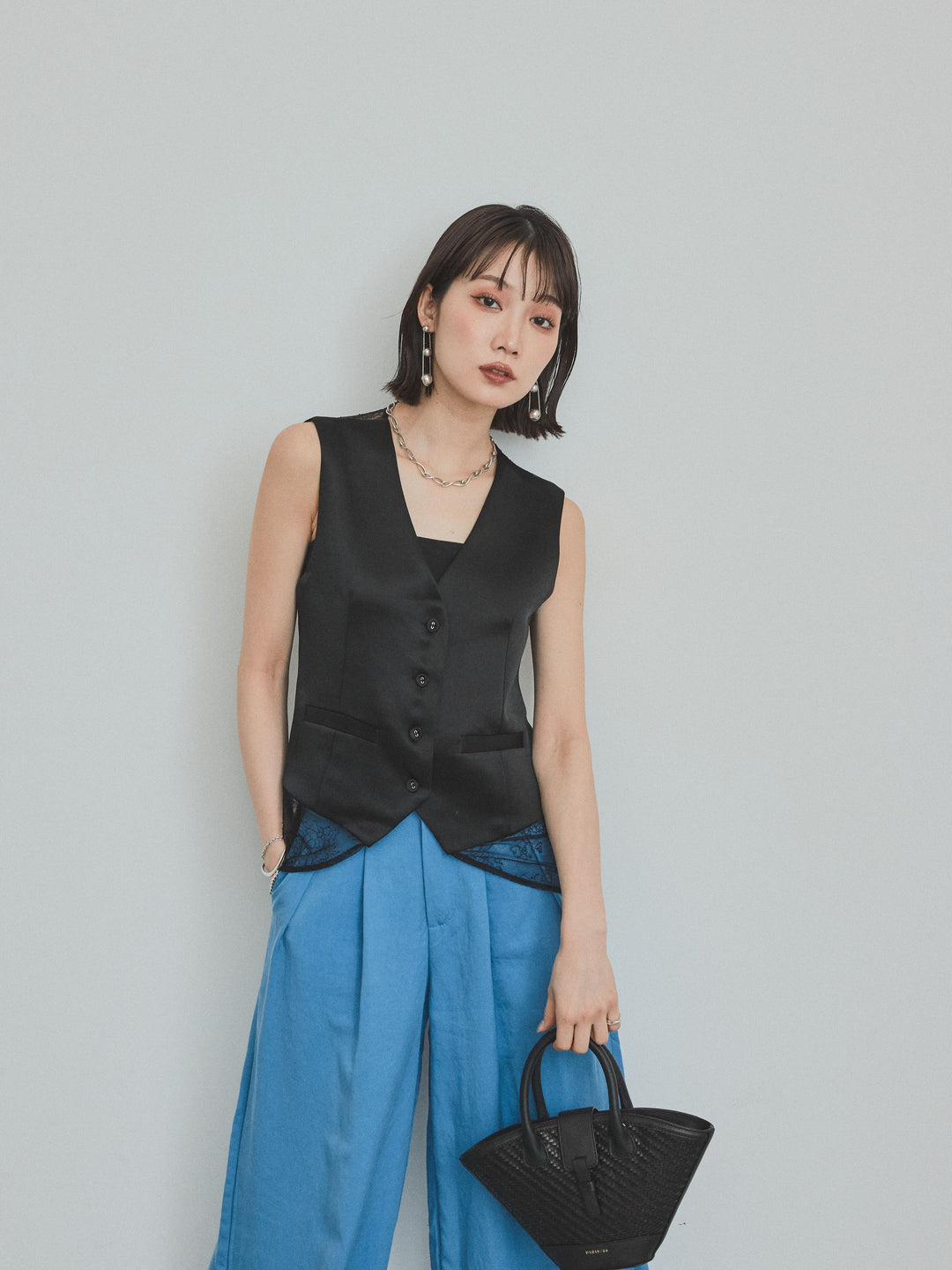 [SET]サテン×レース切替ベスト+リネンタッチタックワイドパンツ (2set)