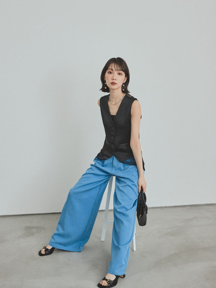 [SET]サテン×レース切替ベスト+リネンタッチタックワイドパンツ (2set)