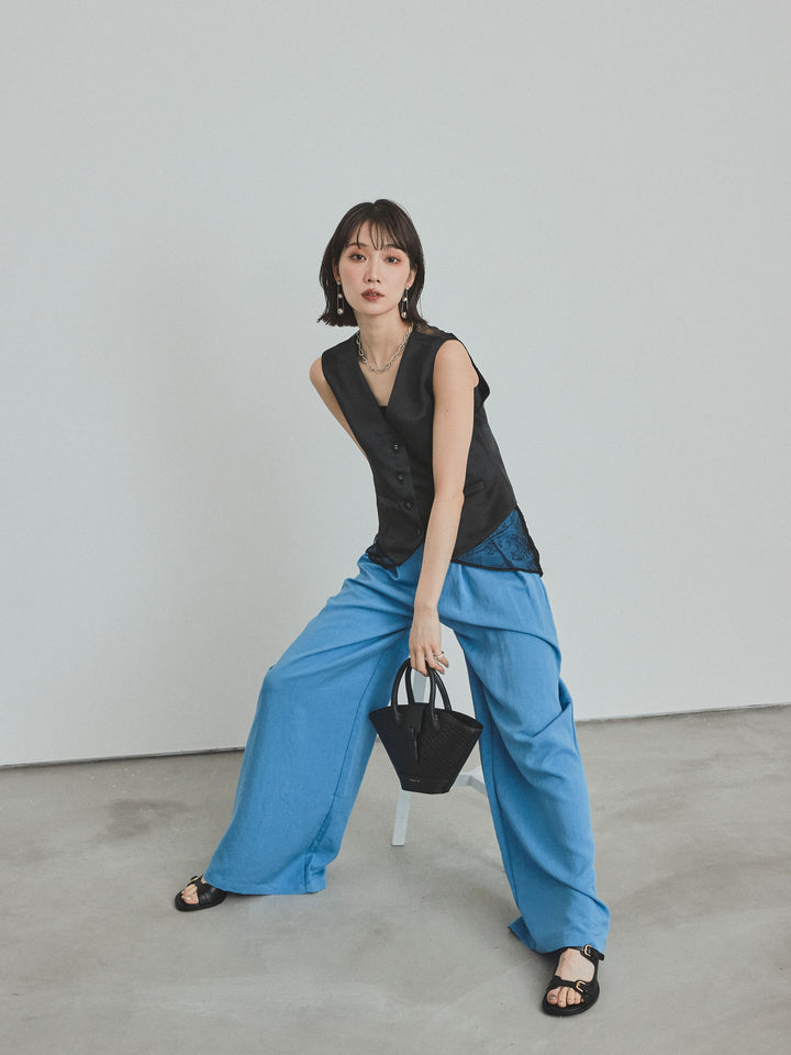 [SET]サテン×レース切替ベスト+リネンタッチタックワイドパンツ (2set)