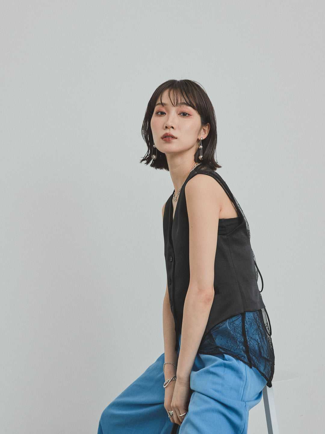 [SET]サテン×レース切替ベスト+リネンタッチタックワイドパンツ (2set)