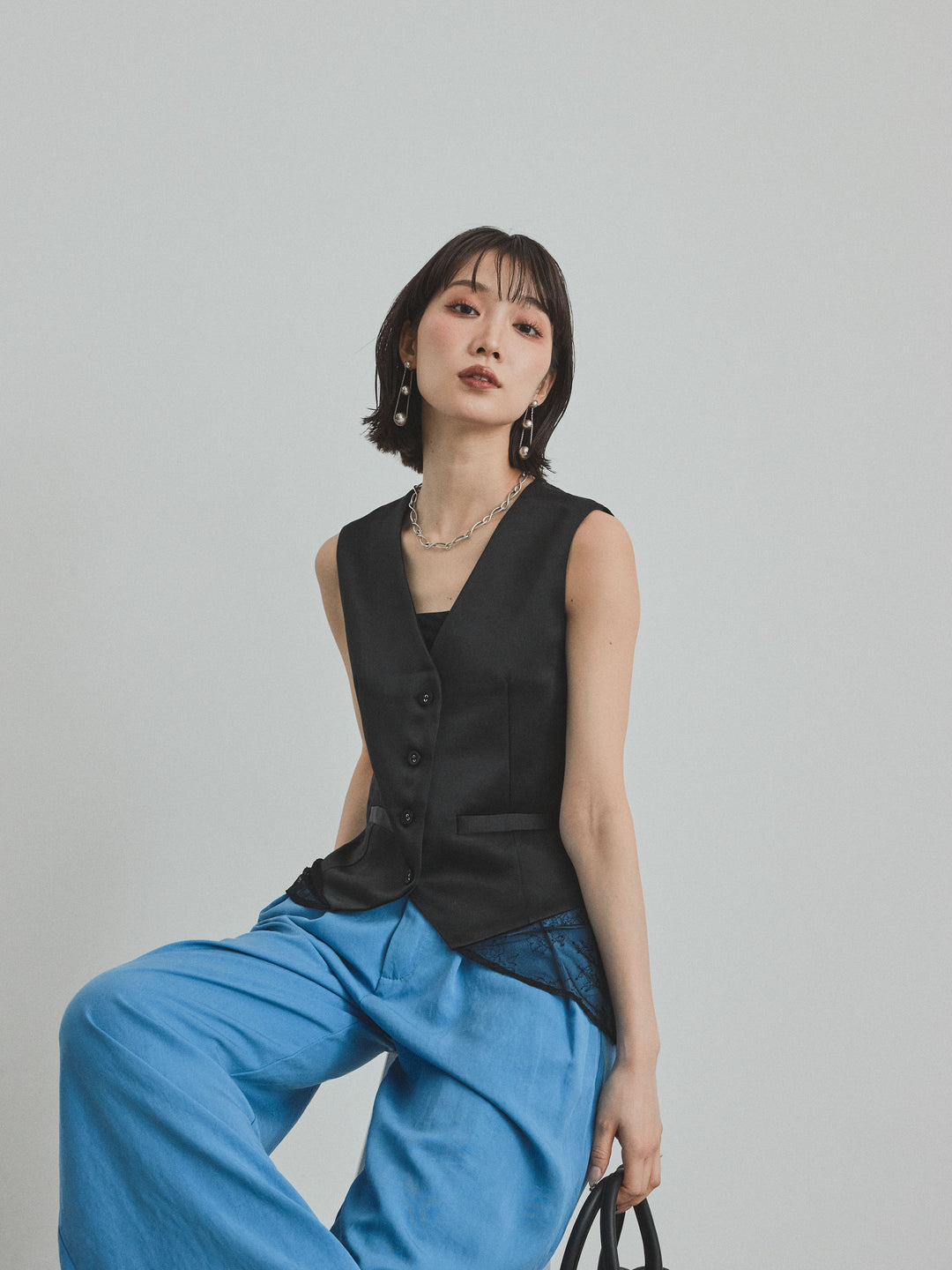 [SET]サテン×レース切替ベスト+リネンタッチタックワイドパンツ (2set)