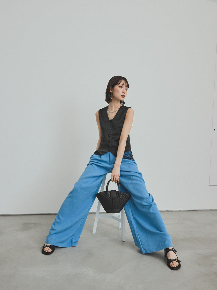 [SET]サテン×レース切替ベスト+リネンタッチタックワイドパンツ (2set)