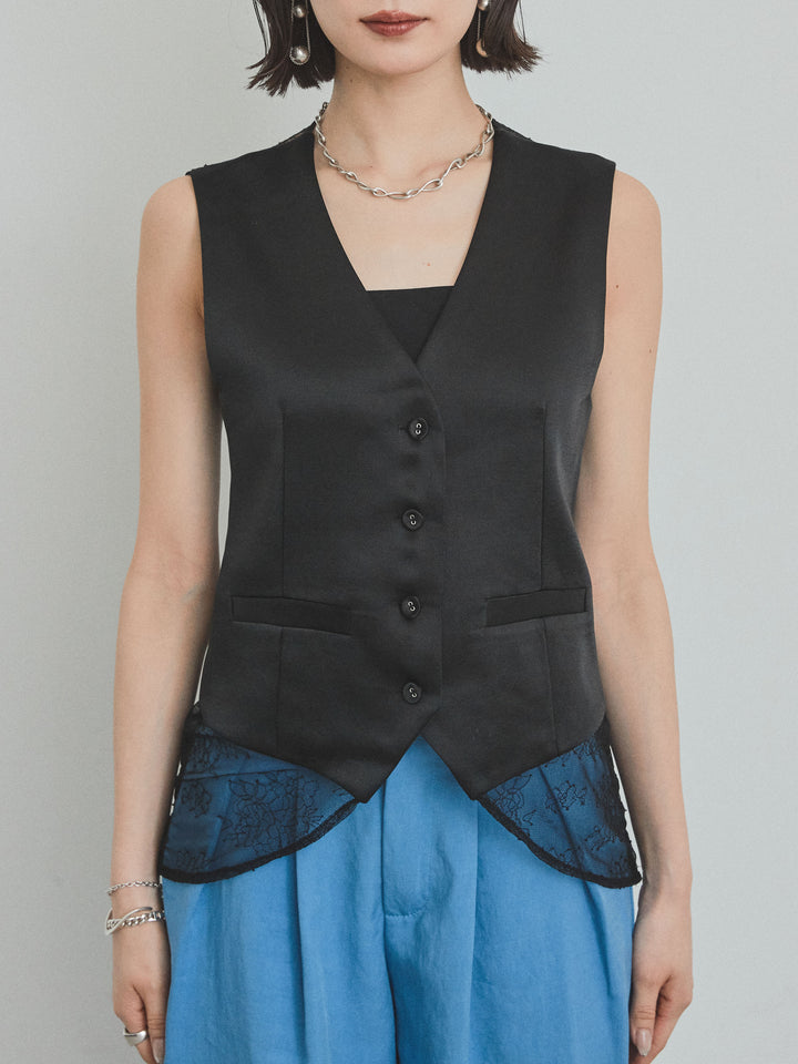 [預購] 緞面 x 蕾絲背心/黑色