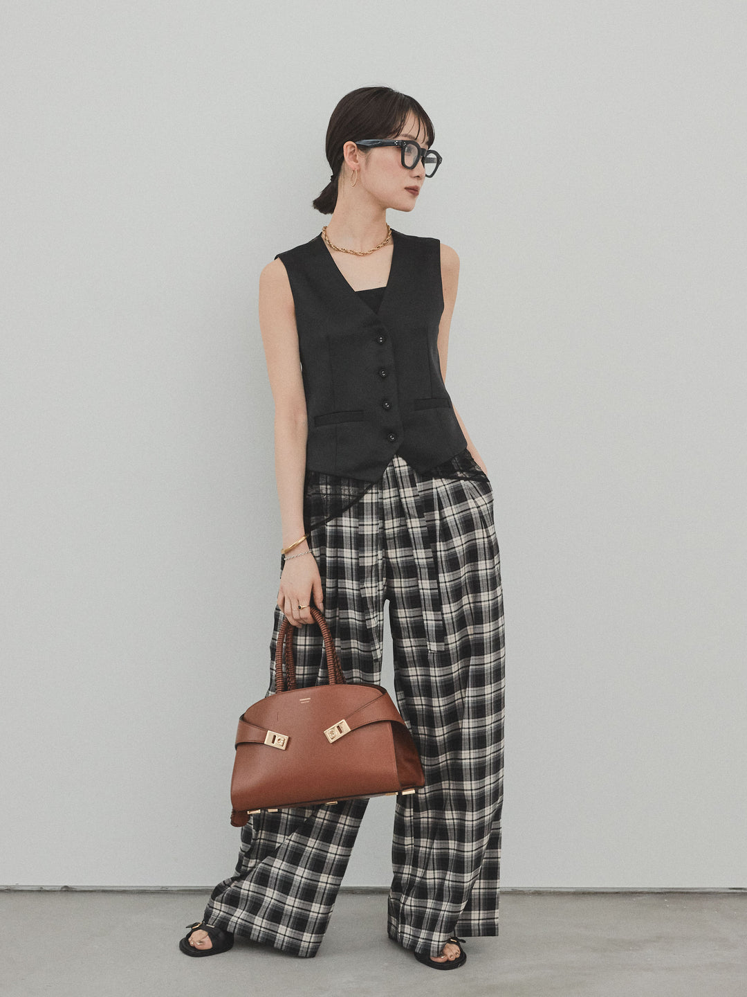 [SET]サテン×レース切替ベスト+チェック柄ワイドパンツ(2set)