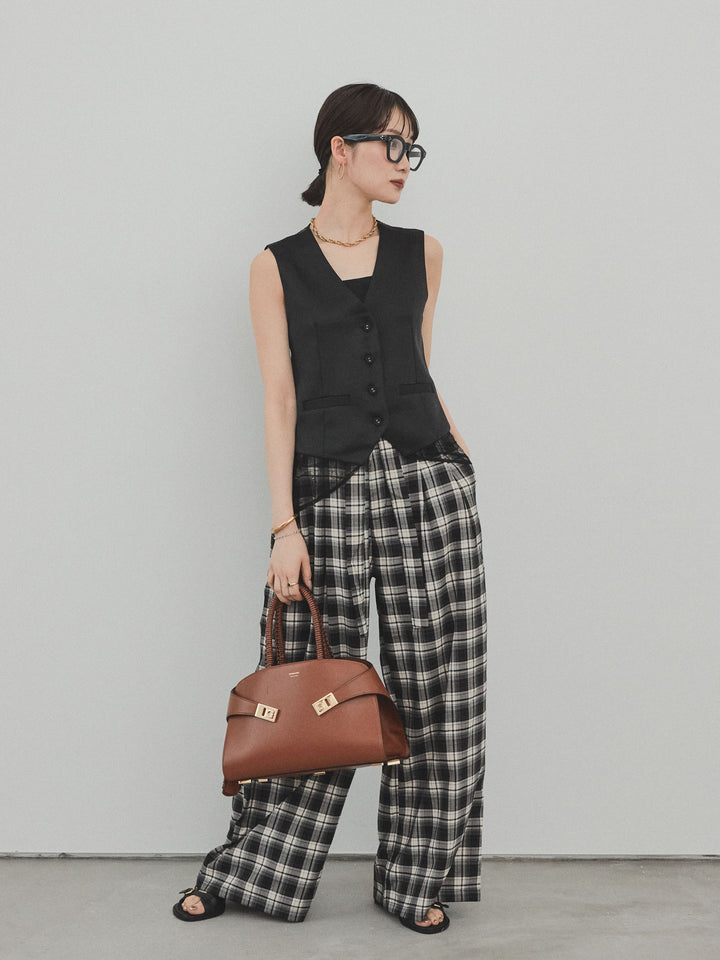 [SET]サテン×レース切替ベスト+チェック柄ワイドパンツ(2set)