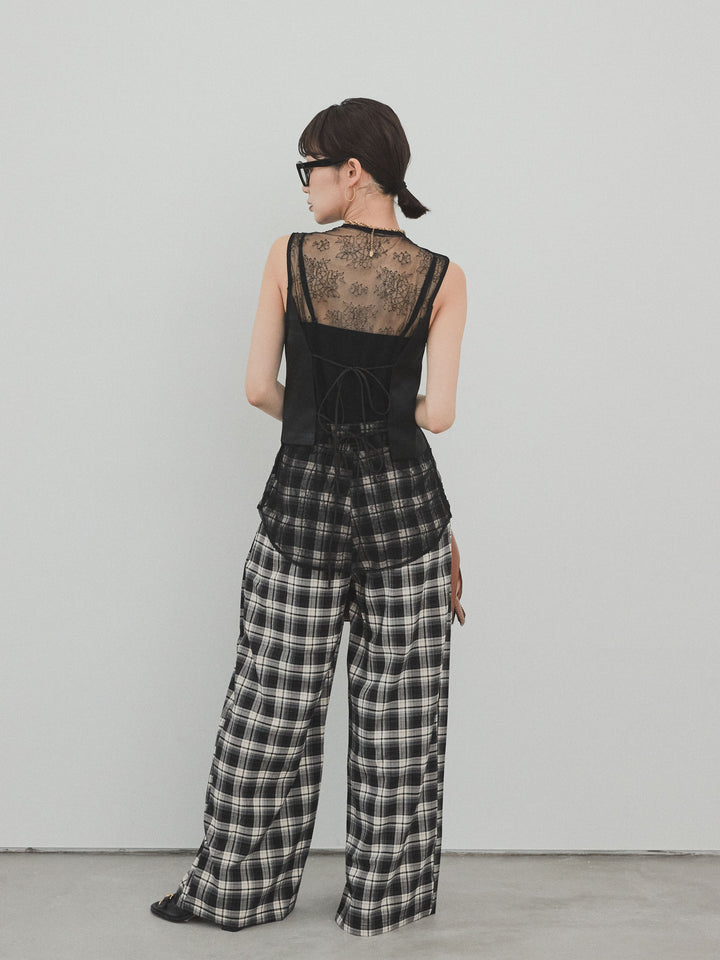 [SET]サテン×レース切替ベスト+チェック柄ワイドパンツ(2set)