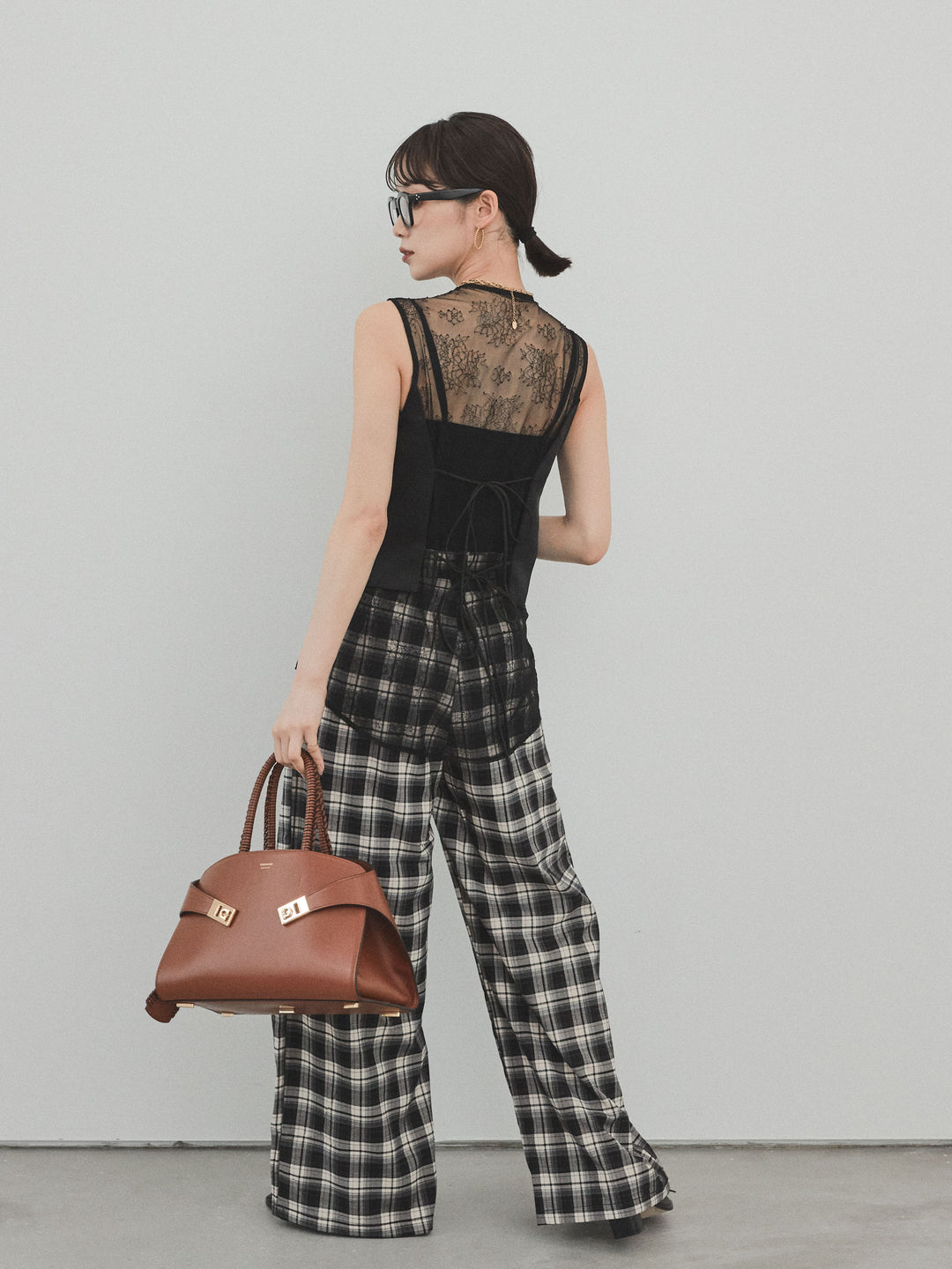 [SET]サテン×レース切替ベスト+チェック柄ワイドパンツ(2set)