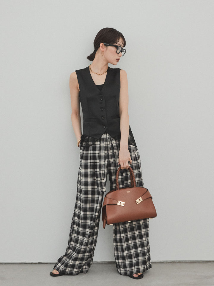 [SET]サテン×レース切替ベスト+チェック柄ワイドパンツ(2set)