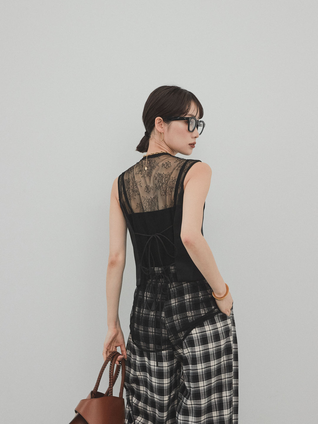 [SET]サテン×レース切替ベスト+チェック柄ワイドパンツ(2set)