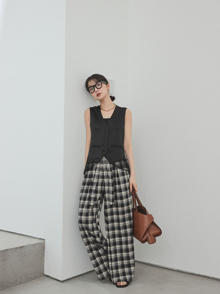 [SET]サテン×レース切替ベスト+チェック柄ワイドパンツ(2set)
