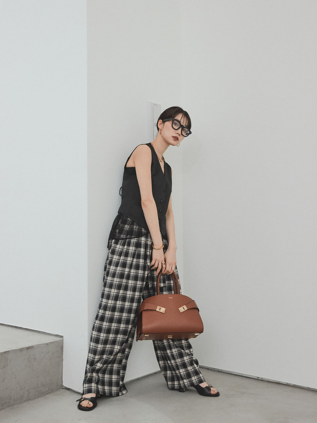 [SET]サテン×レース切替ベスト+チェック柄ワイドパンツ(2set)