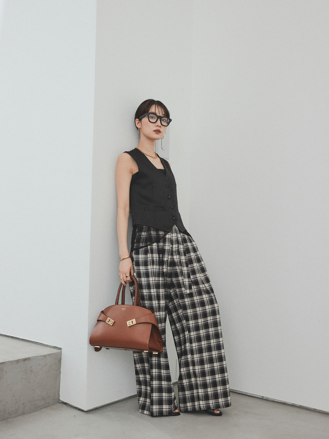 [SET]サテン×レース切替ベスト+チェック柄ワイドパンツ(2set)