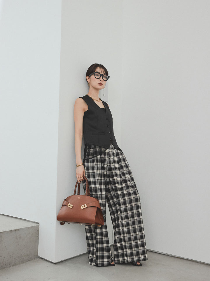 [SET]サテン×レース切替ベスト+チェック柄ワイドパンツ(2set)