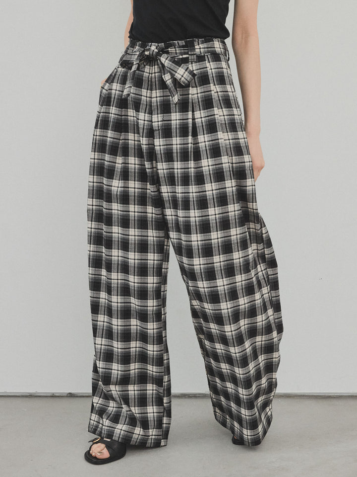 【預購】格紋寬褲/黑色