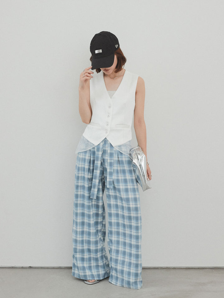 [SET]サテン×レース切替ベスト+チェック柄ワイドパンツ(2set)