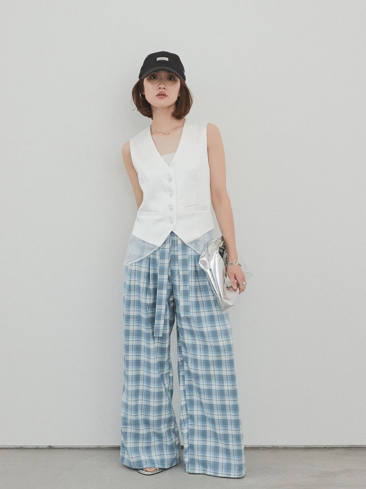 [SET]サテン×レース切替ベスト+チェック柄ワイドパンツ(2set)