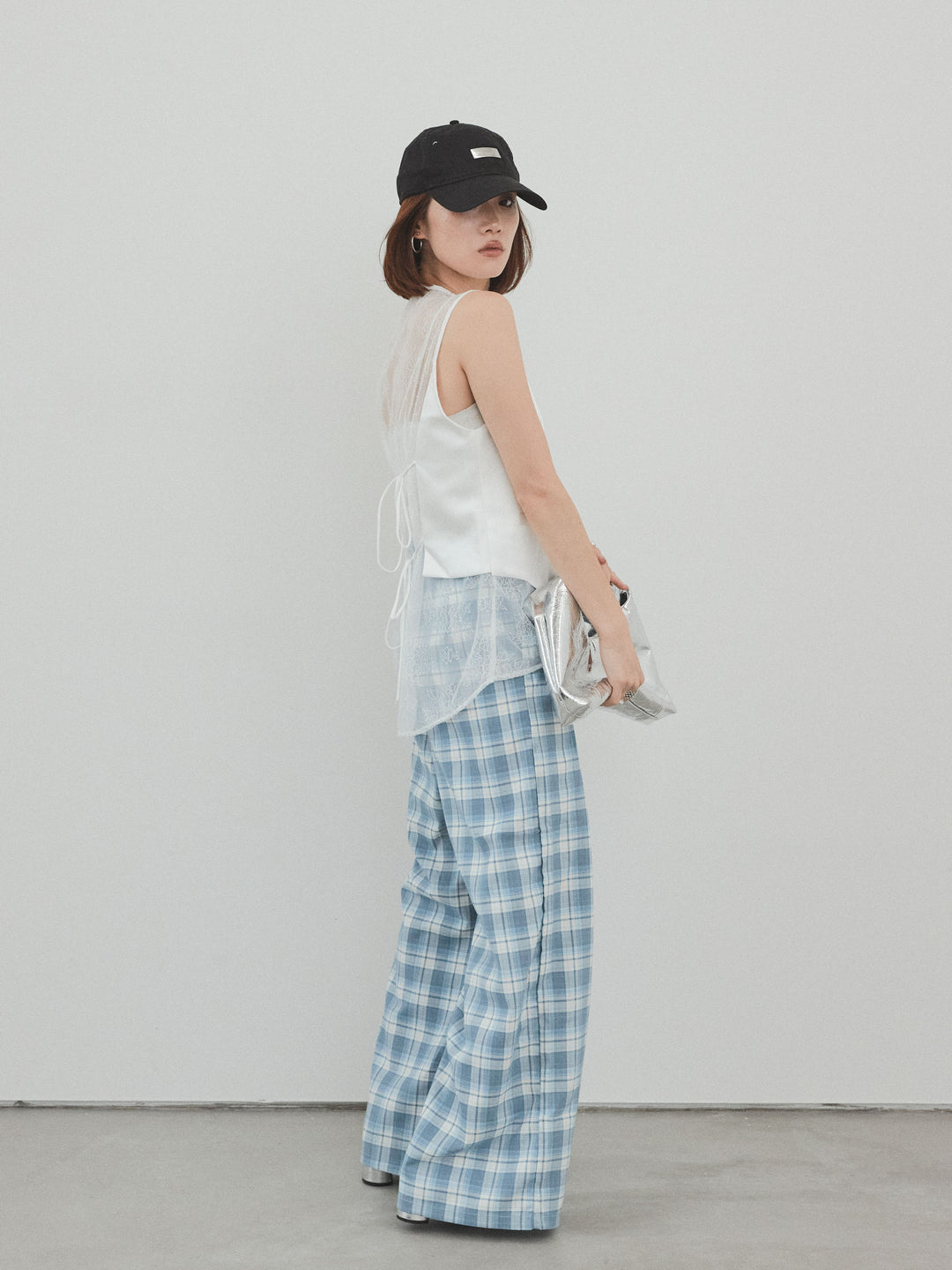 [SET]サテン×レース切替ベスト+チェック柄ワイドパンツ(2set)