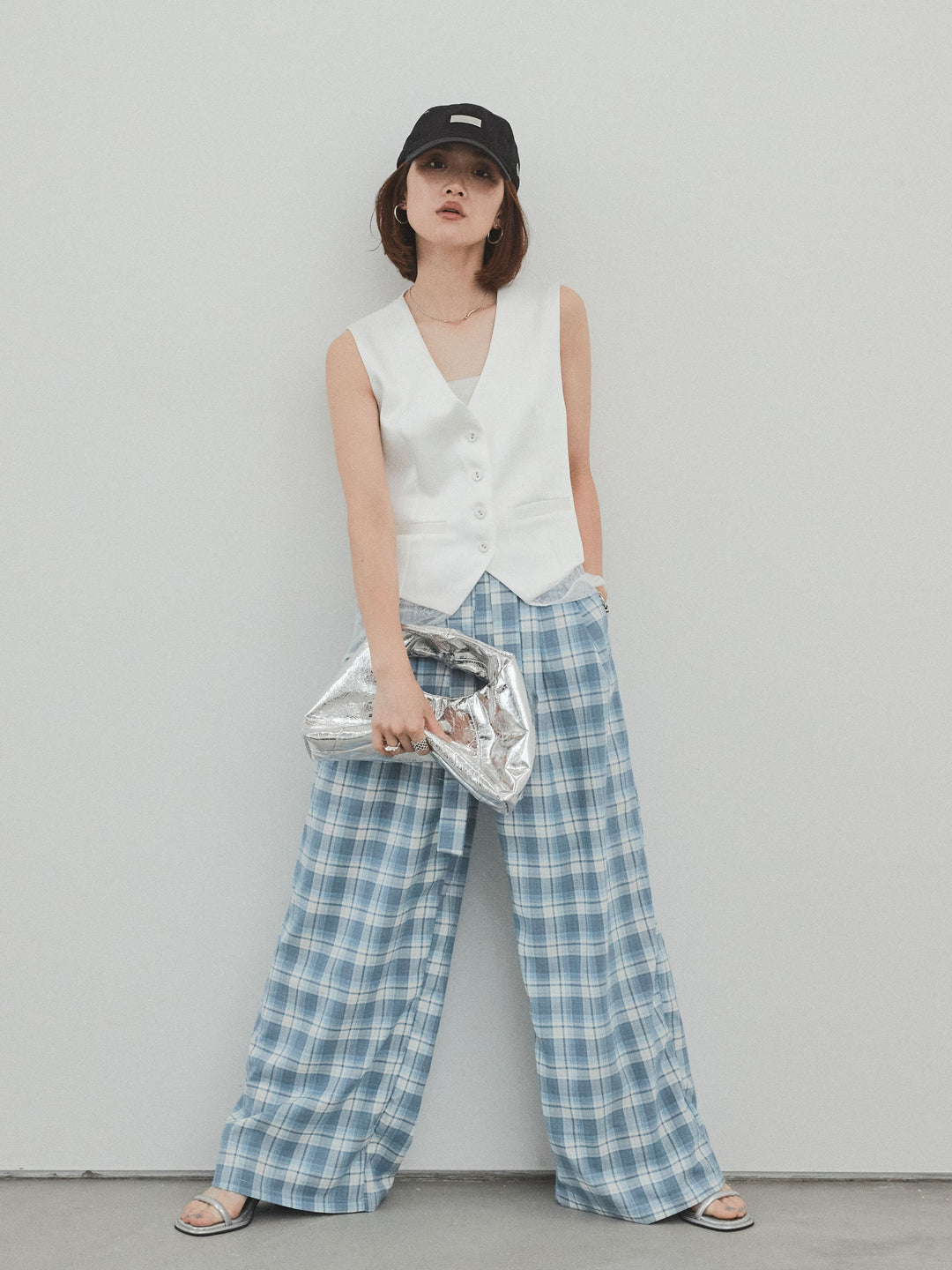 [SET]サテン×レース切替ベスト+チェック柄ワイドパンツ(2set)