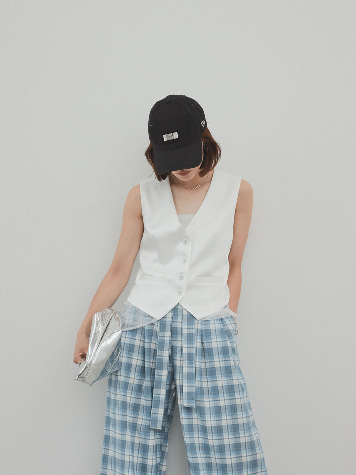 [SET]サテン×レース切替ベスト+チェック柄ワイドパンツ(2set)