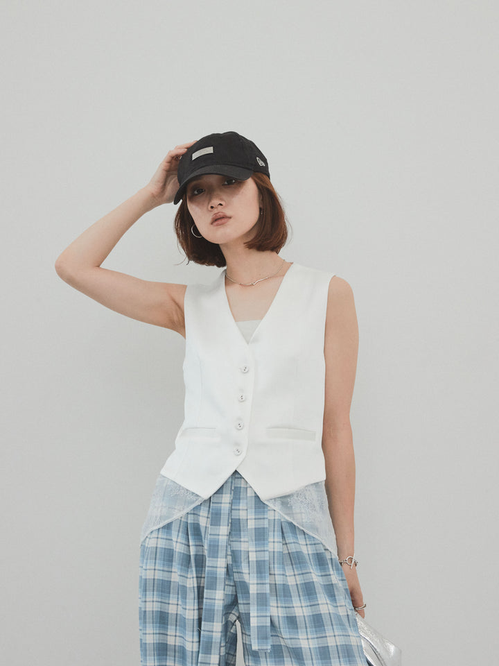[SET]サテン×レース切替ベスト+チェック柄ワイドパンツ(2set)