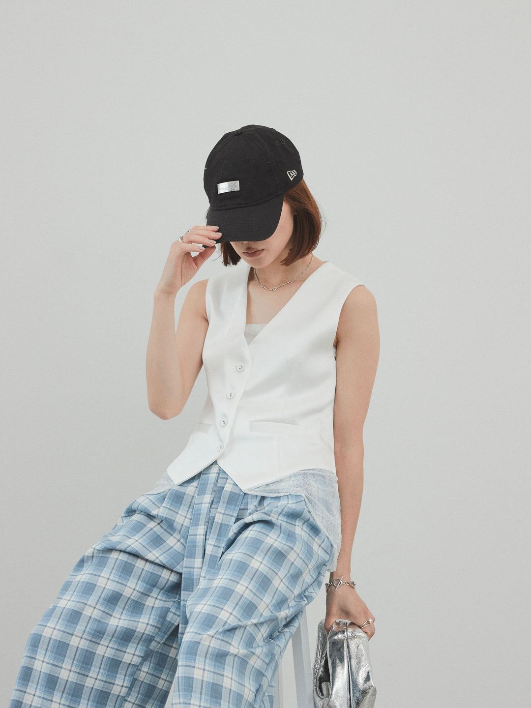 [SET]サテン×レース切替ベスト+チェック柄ワイドパンツ(2set)